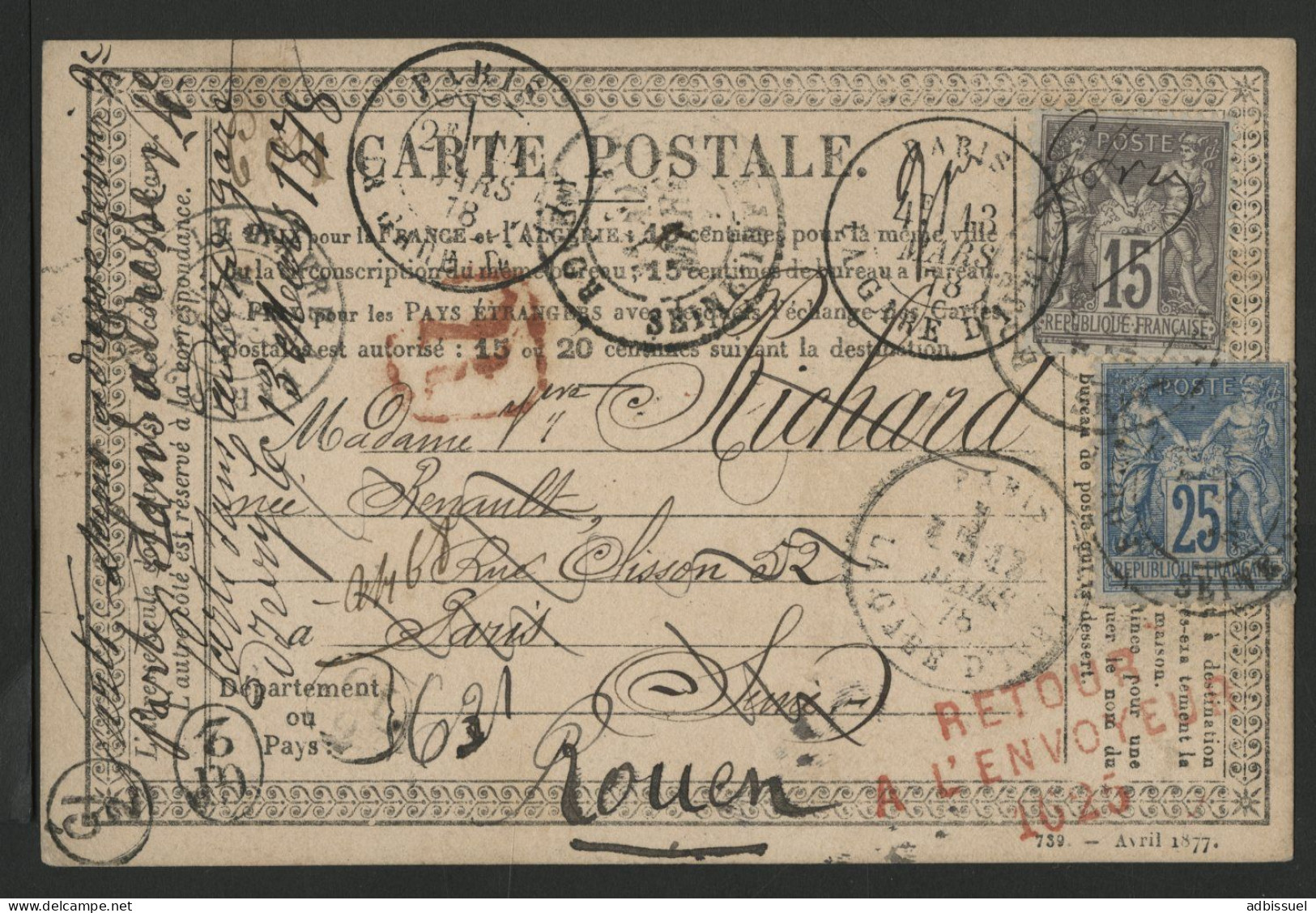 CARTE PRECURSEUR Recommandée N° 77 + 78 De Rouen En 1878 REPIQUAGE VERTICAL LA ROUENNAISE Voir Suite - Cartes Précurseurs