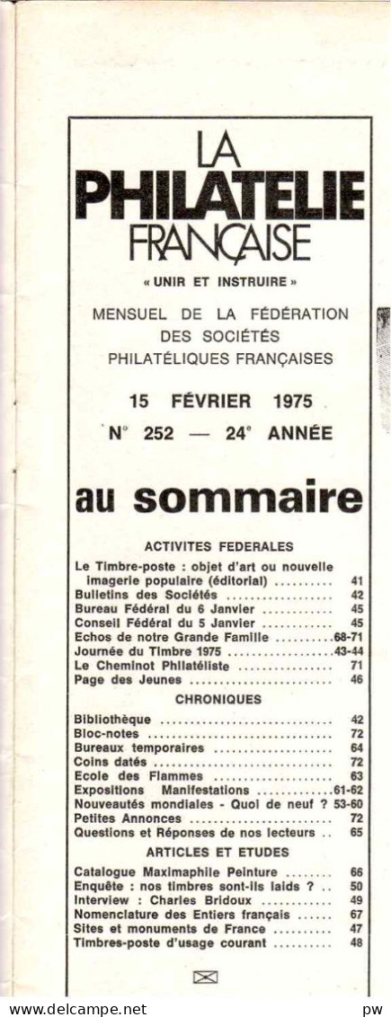 REVUE LA PHILATELIE FRANCAISE N° 252 De Février 1975 - Français (àpd. 1941)