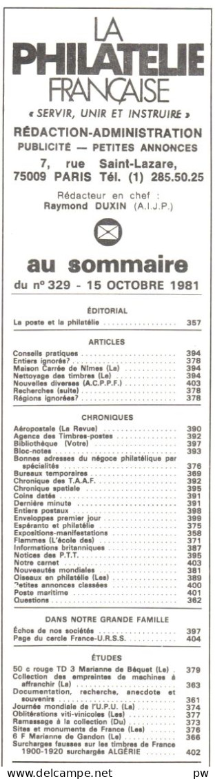 REVUE LA PHILATELIE FRANCAISE N° 329 De Octobre 1981 - Francés (desde 1941)