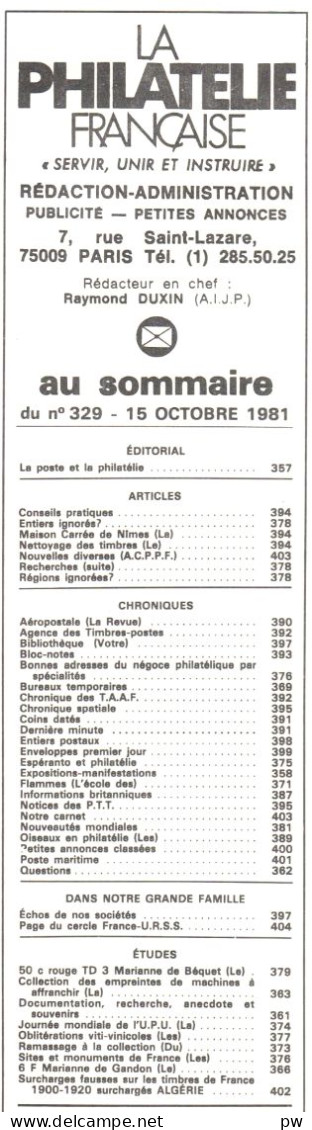 REVUE LA PHILATELIE FRANCAISE N° 329 De Octobre 1981 - Französisch (ab 1941)