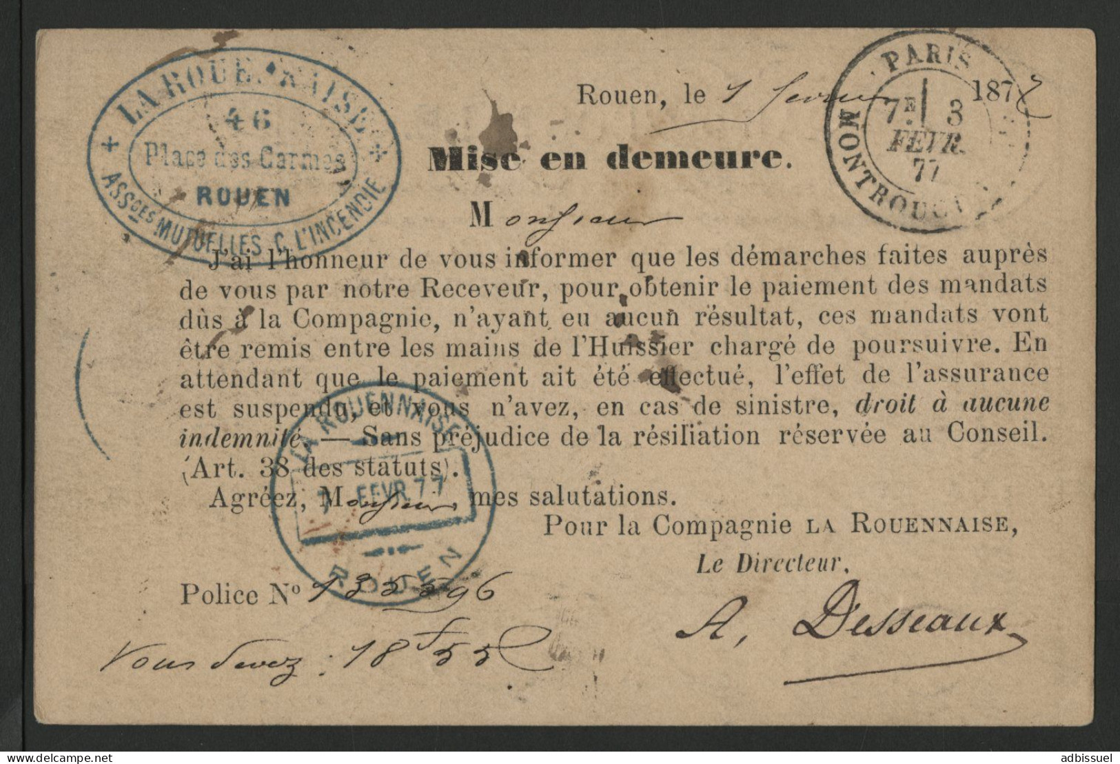 CARTE PRECURSEUR Recommandée N° 77 + 78 De Rouen En 1877 REPIQUAGE VERTICAL LA ROUENNAISE Voir Suite - Cartes Précurseurs