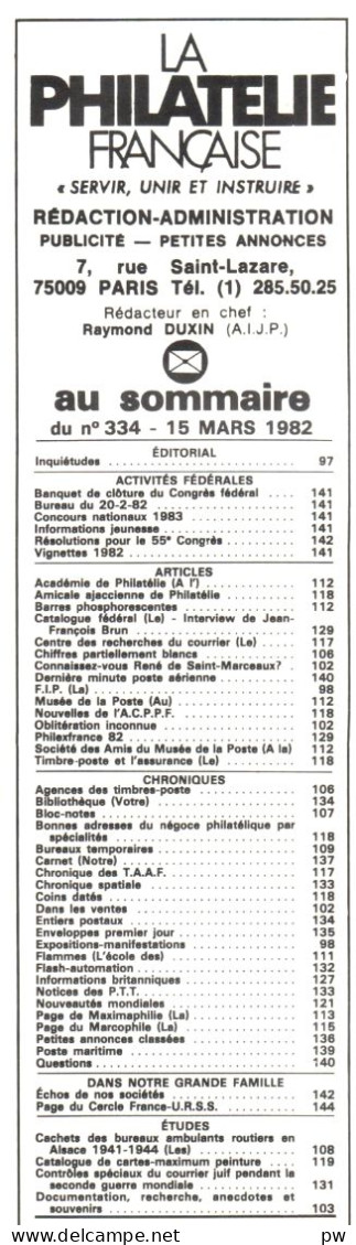 REVUE LA PHILATELIE FRANCAISE N° 334 De Mars 1982 - Französisch (ab 1941)