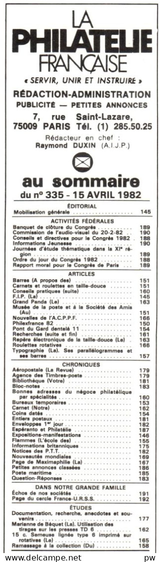 REVUE LA PHILATELIE FRANCAISE N° 335 De Avril 1982 - Francés (desde 1941)