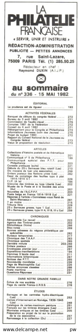 REVUE LA PHILATELIE FRANCAISE N° 336 De Mai 1982 - Francés (desde 1941)