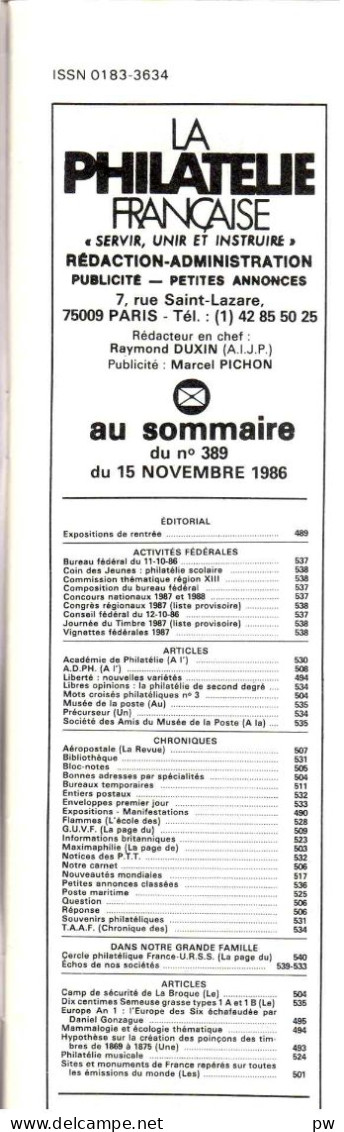 REVUE LA PHILATELIE FRANCAISE N° 389 De Novembre 1986 - Français (àpd. 1941)