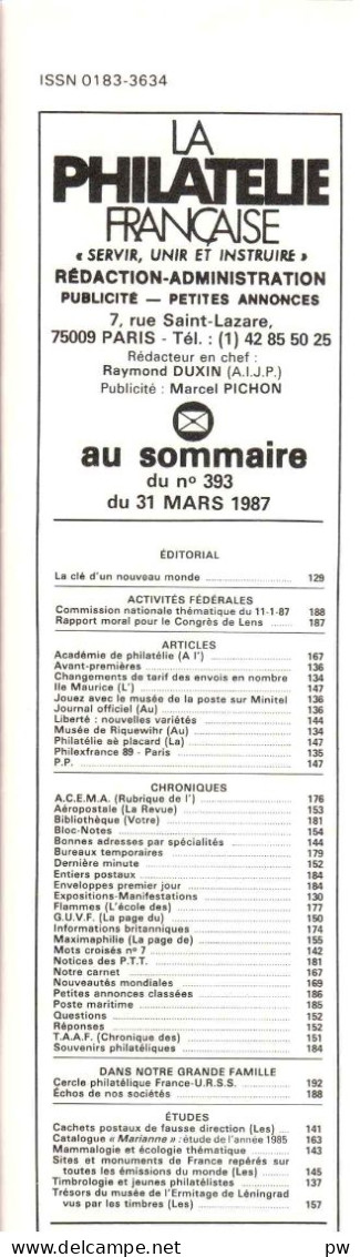 REVUE LA PHILATELIE FRANCAISE N° 393 De Mars 1987 - Frans (vanaf 1941)