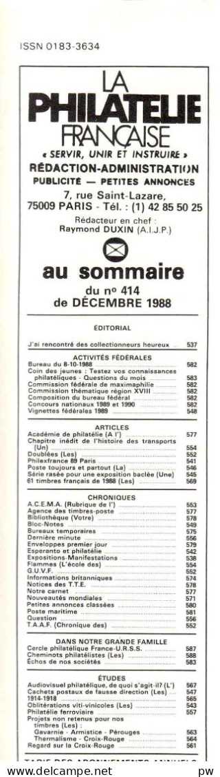 REVUE LA PHILATELIE FRANCAISE N° 414 De Décembre 1988 - Francesi (dal 1941))