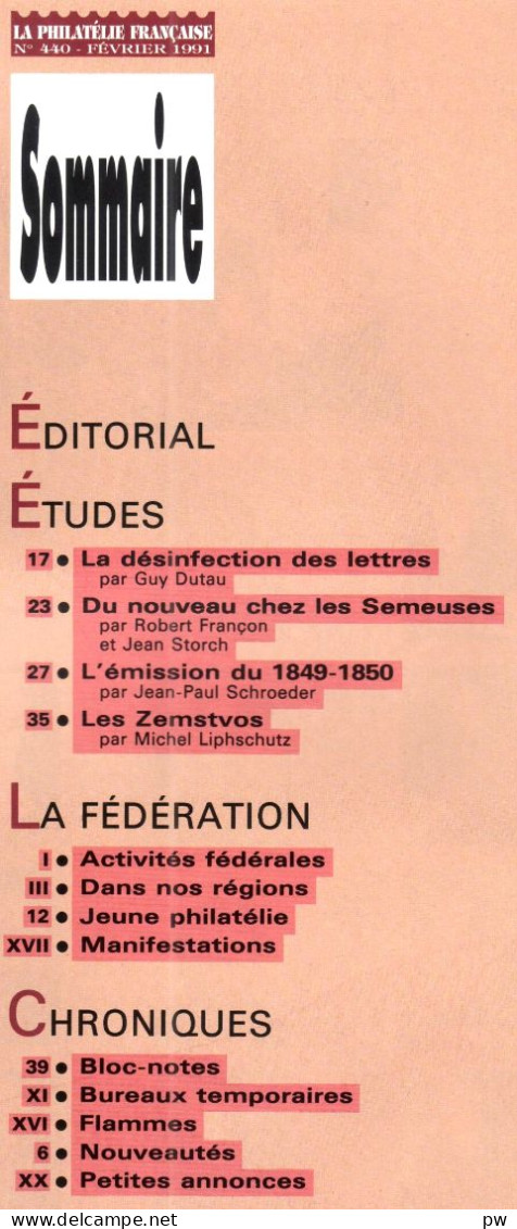 REVUE LA PHILATELIE FRANCAISE N° 440 De Février 1991 - Français (àpd. 1941)