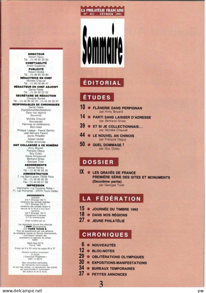 REVUE LA PHILATELIE FRANCAISE N° 452 De Février 1992 - Französisch (ab 1941)