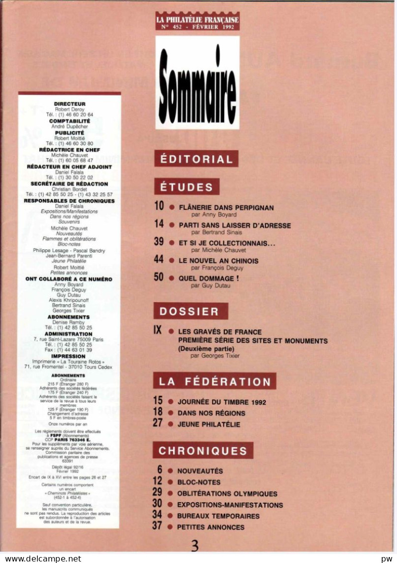 REVUE LA PHILATELIE FRANCAISE N° 452 De Février 1992 - French (from 1941)