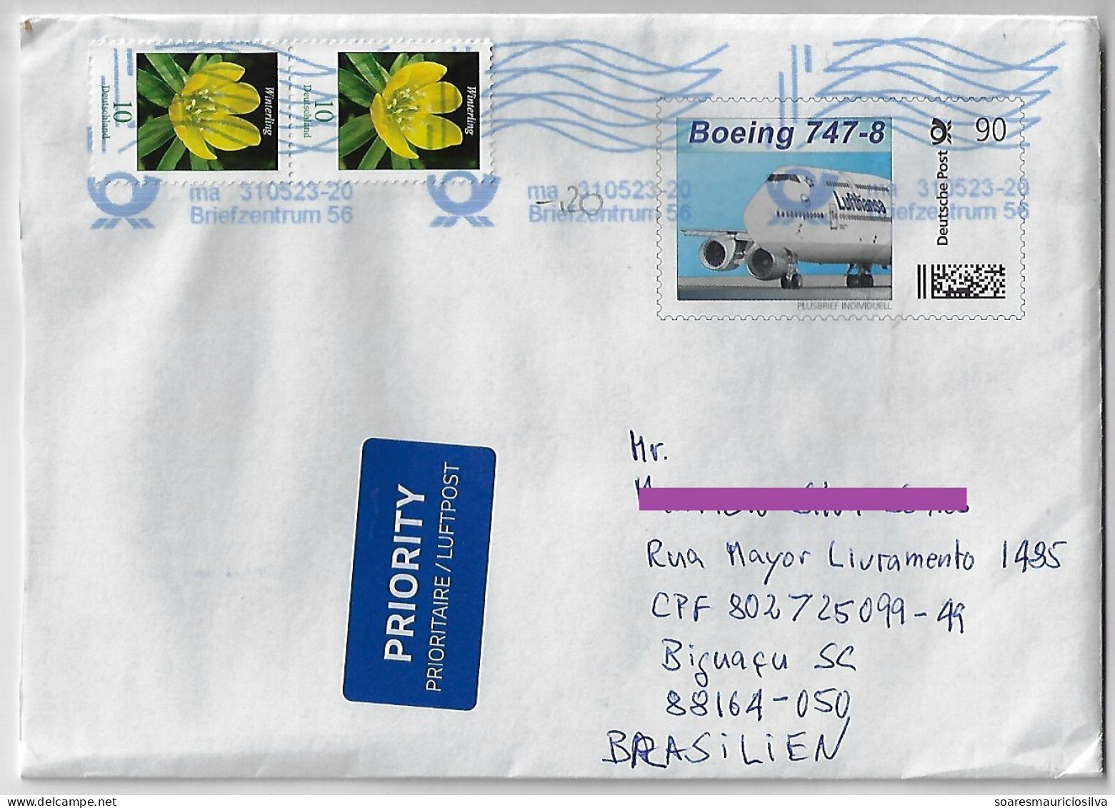 Germany 2023 Postal Stationery Priority Cover Herschbach Brazil 90 Cents Airplane Lufthansa Boeing 747-8 + Stamp Flower - Private Covers - Used