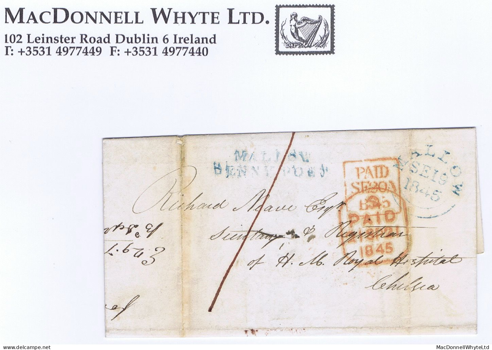 Ireland Cork 1845 Letter From Cecilstown To Chelsea Hospital London With MALLOW/PENNY POST In Blue, Matching MALLOW Cds - Prefilatelia