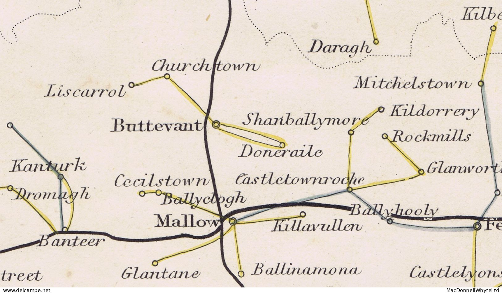 Ireland Cork 1845 Letter From Cecilstown To Chelsea Hospital London With MALLOW/PENNY POST In Blue, Matching MALLOW Cds - Prefilatelia