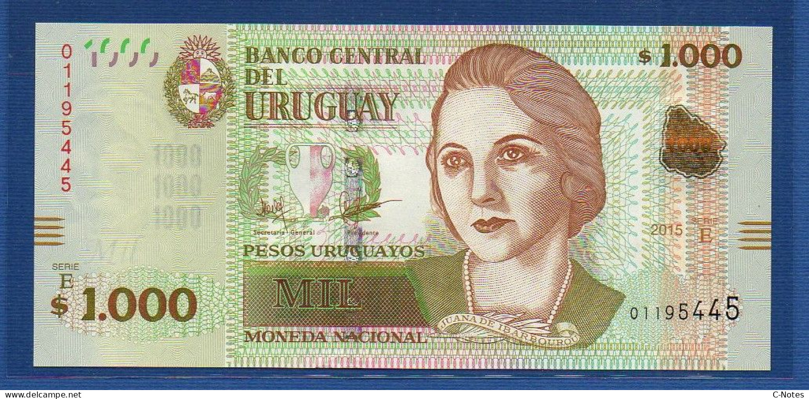 URUGUAY - P. 98 – 1000 Pesos Uruguayos 2015 UNC, Serie E 01195445 - Uruguay