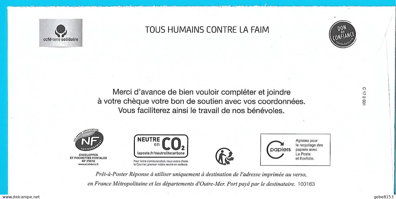 PostRéponse Lettre Prioritaire Marianne Ciappa CCFD Terre Solidaire Toshiba - PAP: Antwort/Ciappa-Kavena