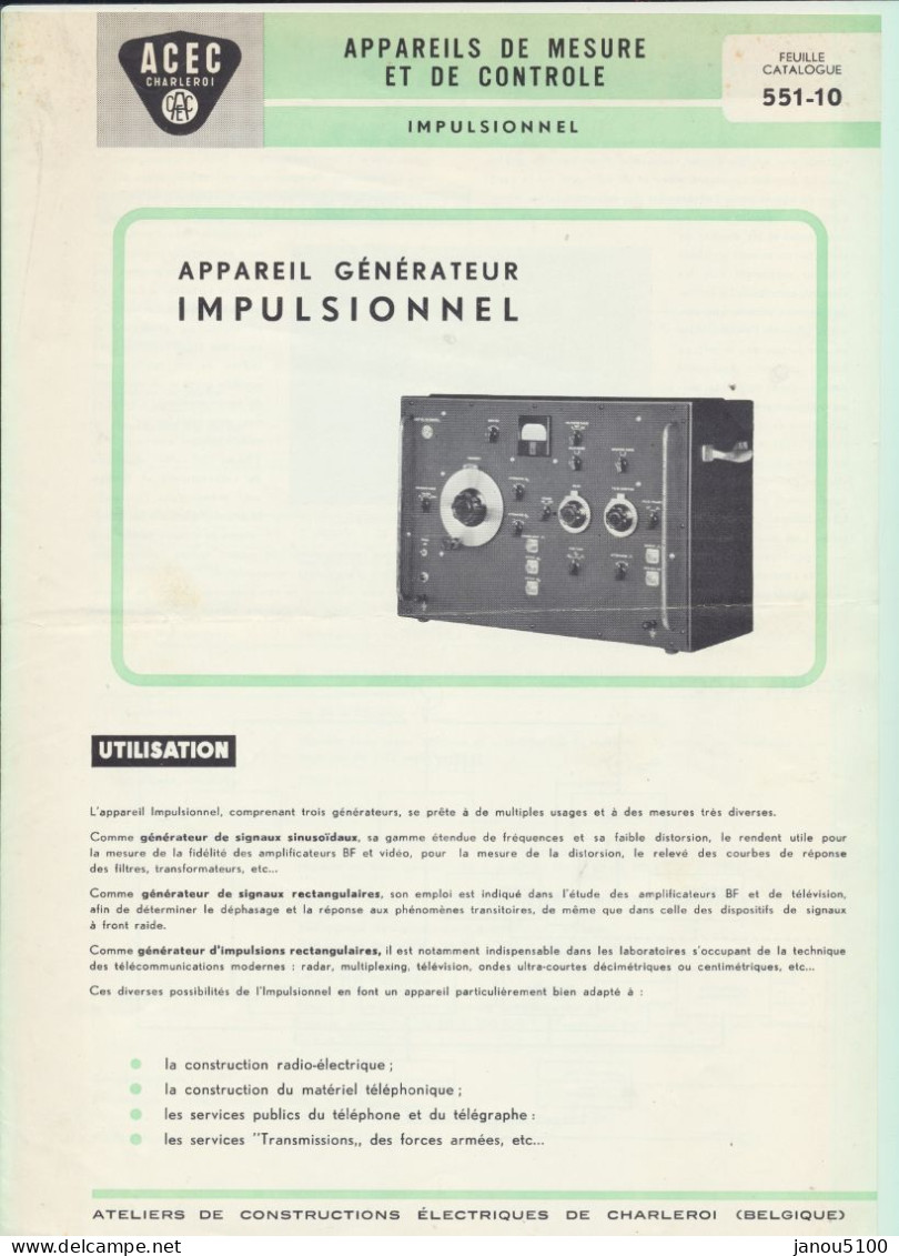 VIEUX PAPIERS   PLANS TECHNIQUES   APPAREIL GENERATEUR IMPULSIONNEL  ACEC (CHARLEROI)    1957. - Maschinen