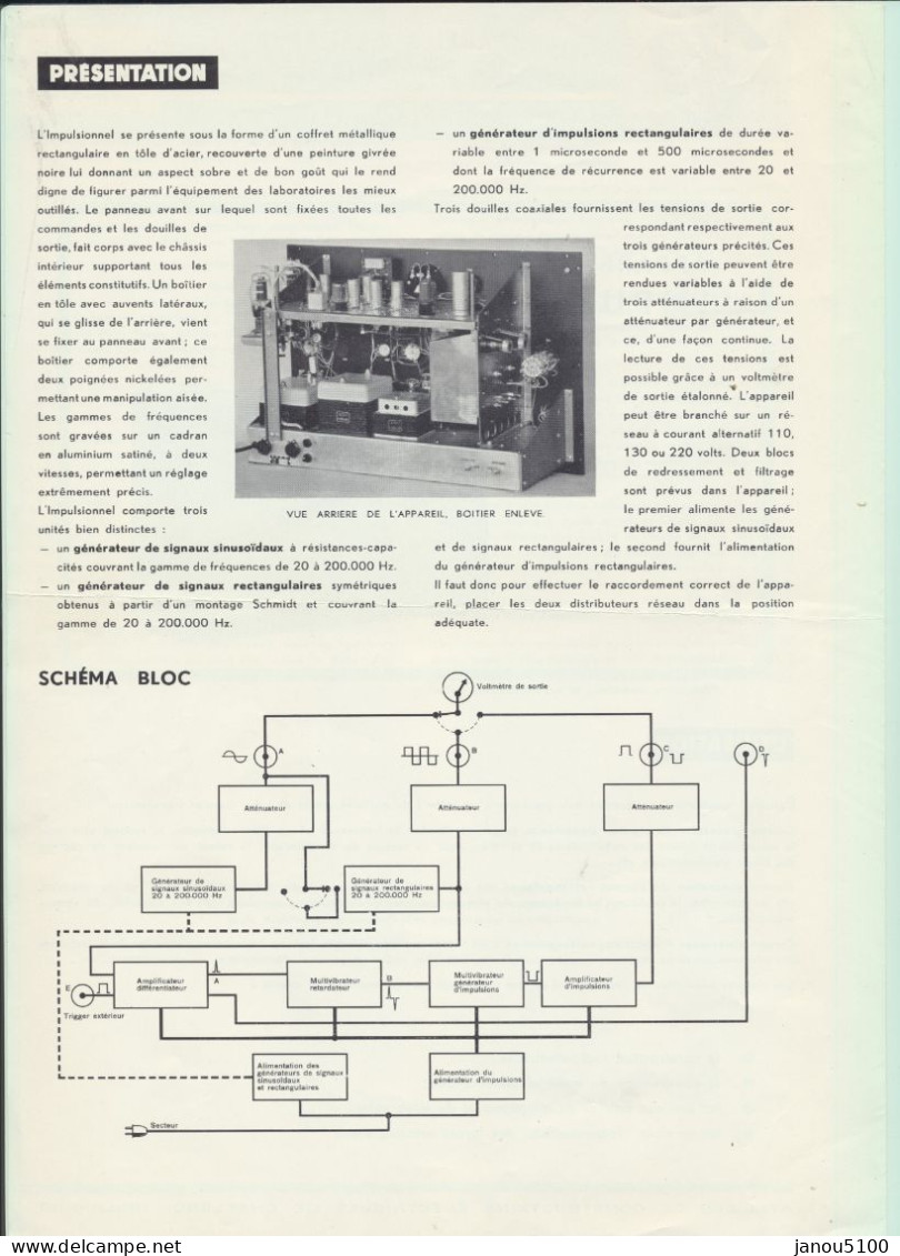 VIEUX PAPIERS   PLANS TECHNIQUES   APPAREIL GENERATEUR IMPULSIONNEL  ACEC (CHARLEROI)    1957. - Tools