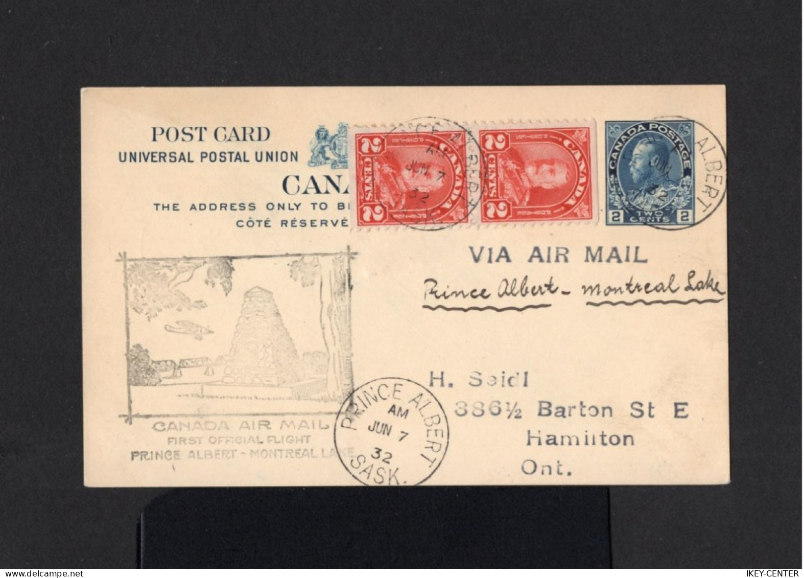 10294-CANADA-AIRMAIL POSTCARD PRINCE ALBERT To HAMILTON (ontario) 1932.WWII.CARTE POSTALE.POSTKARTE.First Flight. - Lettres & Documents