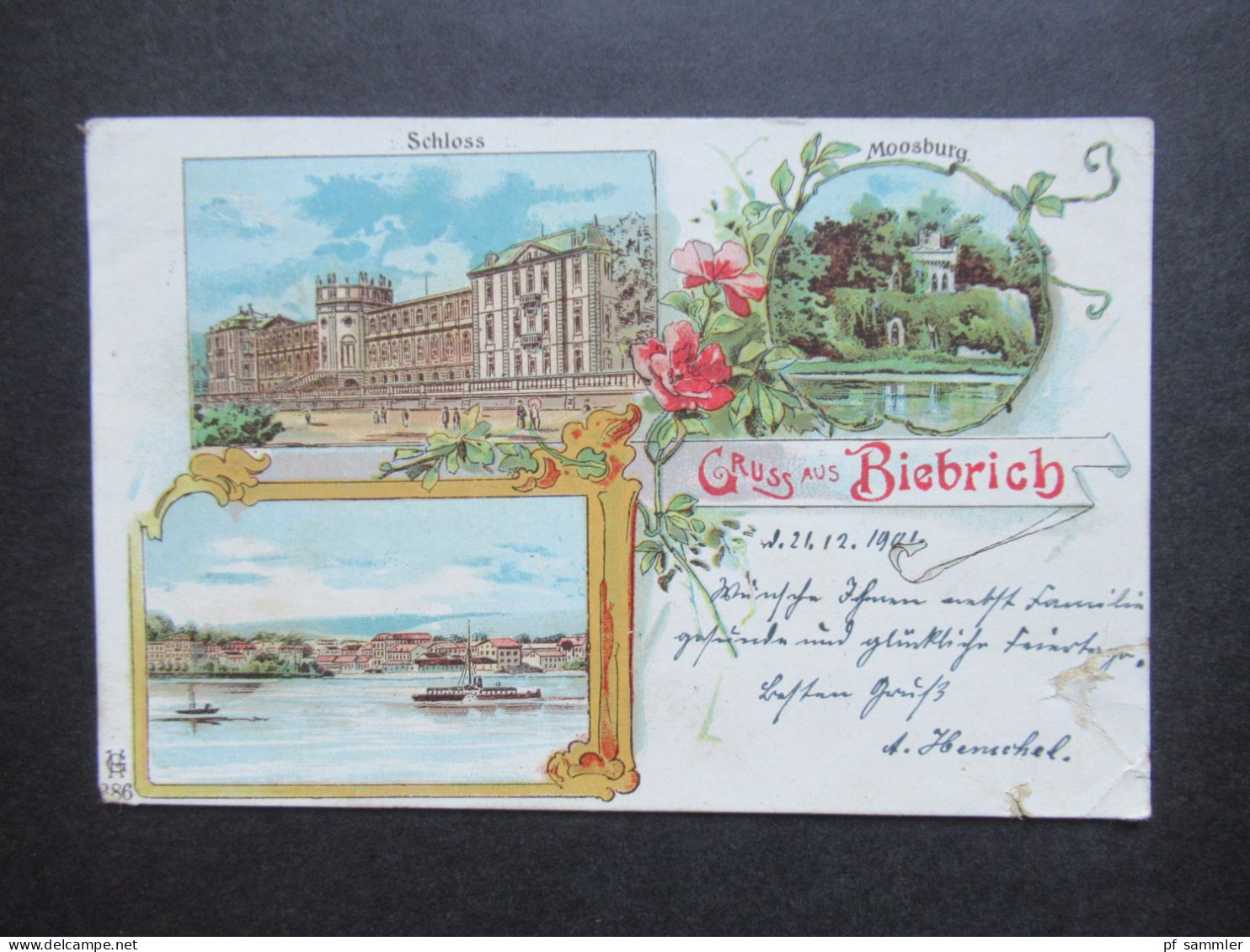 PK 1901 Litho Mehrbildkarte Gruss Aus Biebrich Mit Schloss Und Moosburg / Abs. Füsilier 2. Comp. Biebrich Nach Berlin - Greetings From...