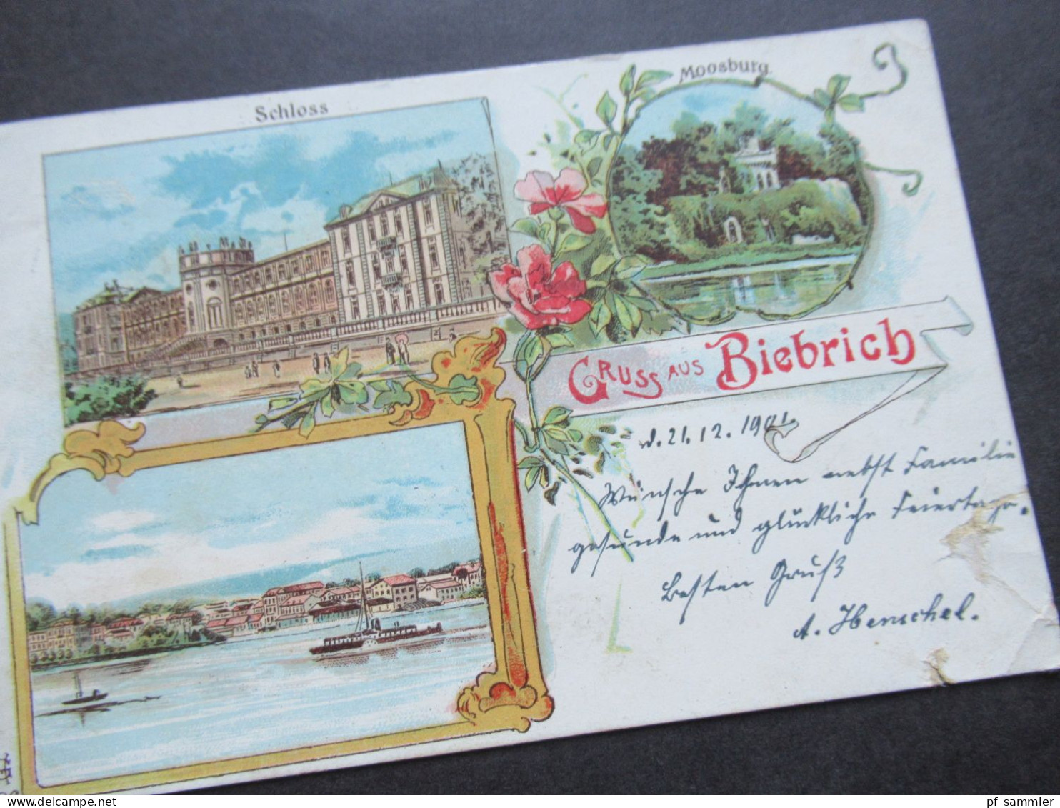 PK 1901 Litho Mehrbildkarte Gruss Aus Biebrich Mit Schloss Und Moosburg / Abs. Füsilier 2. Comp. Biebrich Nach Berlin - Greetings From...