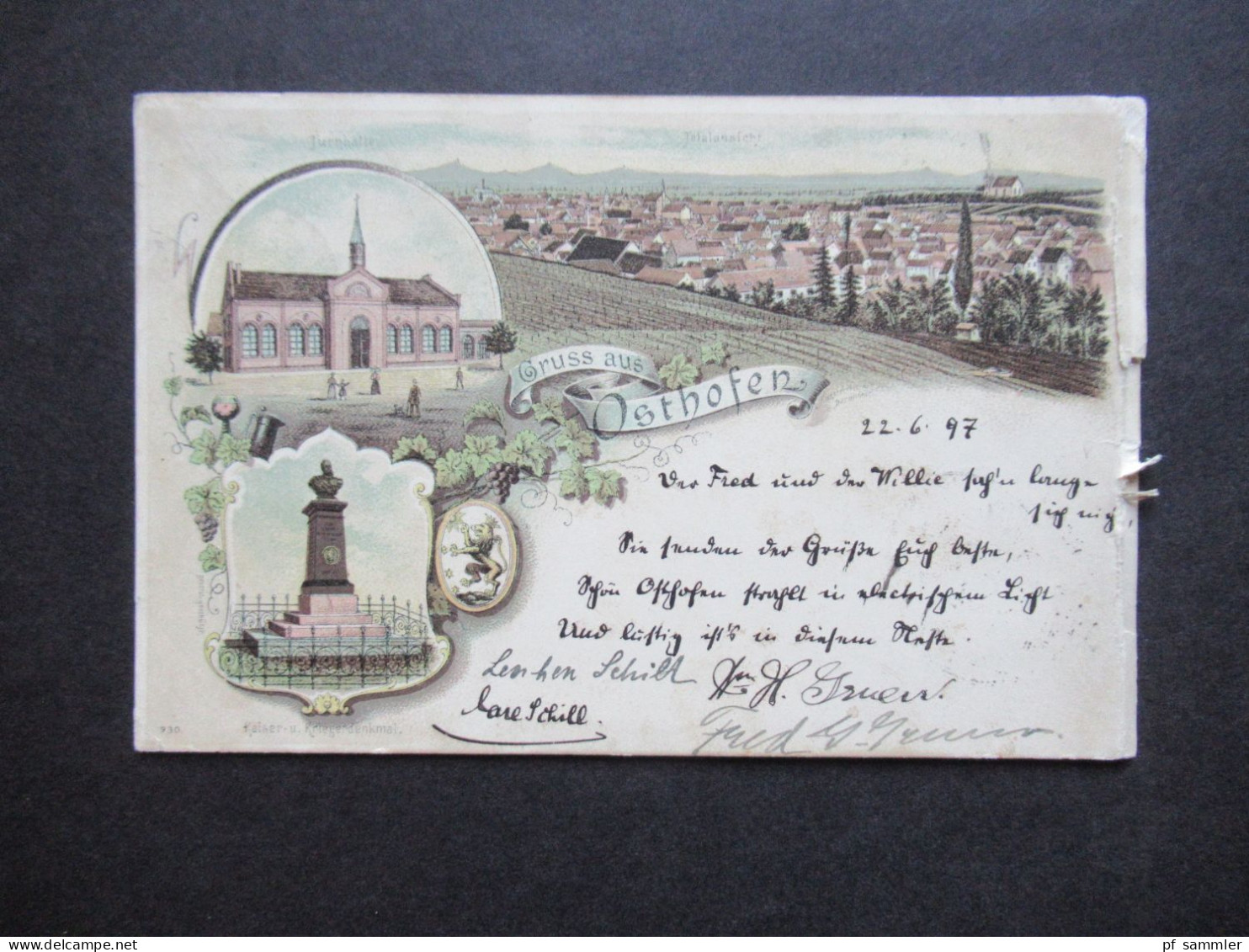 PK 1897 Litho Mehrbildkarte Gruss Aus Osthofen Mit Turnhalle U. Kriegerdenkmal Auslands PK In Die USA Nach St. Louis - Souvenir De...