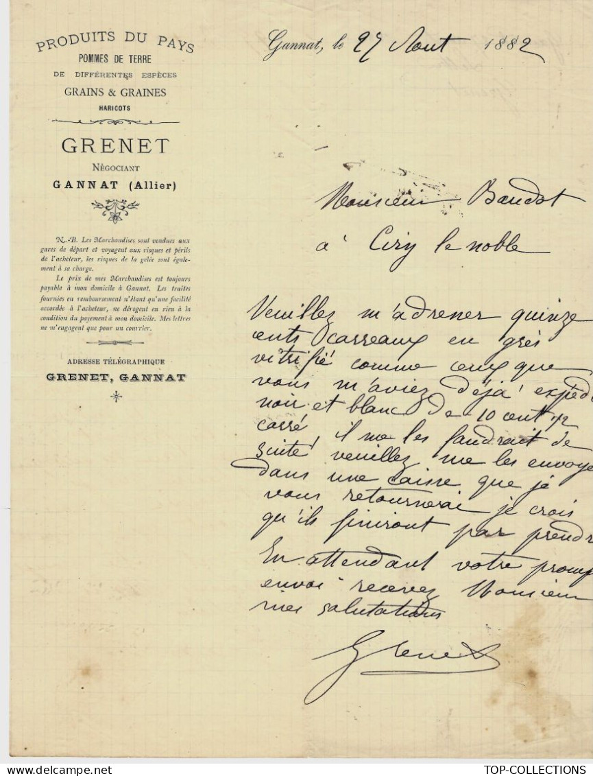 1882 ENTETE Grenet Négociant  à Gannat Allier Pour Baudot Briqueterie Devenue Musée à Ciry Le Noble Saone Et Loire - 1800 – 1899