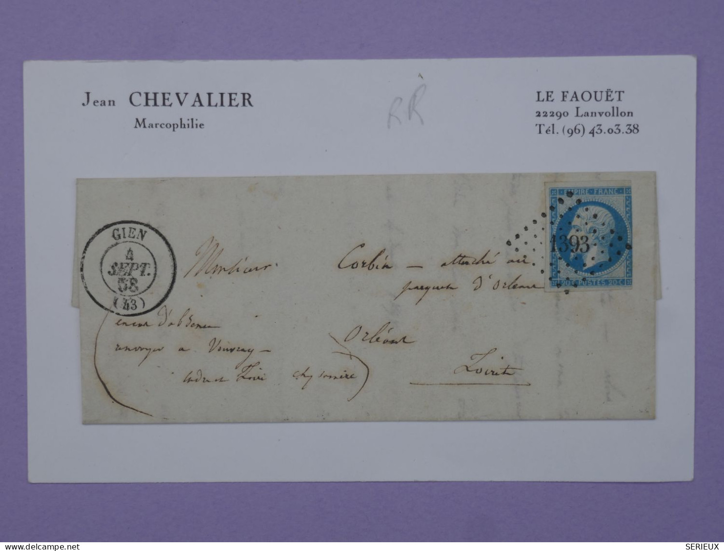 BU17  FRANCE  BELLE  LETTRE 1858  GIEN  A ORLEANS  +N°14+ AFF .PLAISANT++ - 1853-1860 Napoleon III