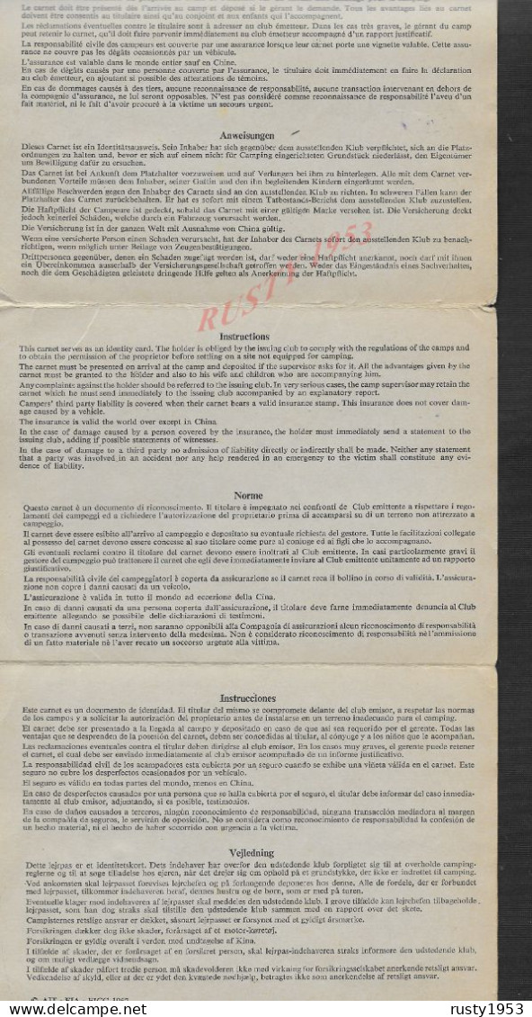 CARNET 1979 TYPE TIMBRE FISCAUX CAMPING INTERNATIONAL PARIS CLUB DE FRANCE DE Mr LAVIGNE JEAN À COMBS LA VILLE : - Camping