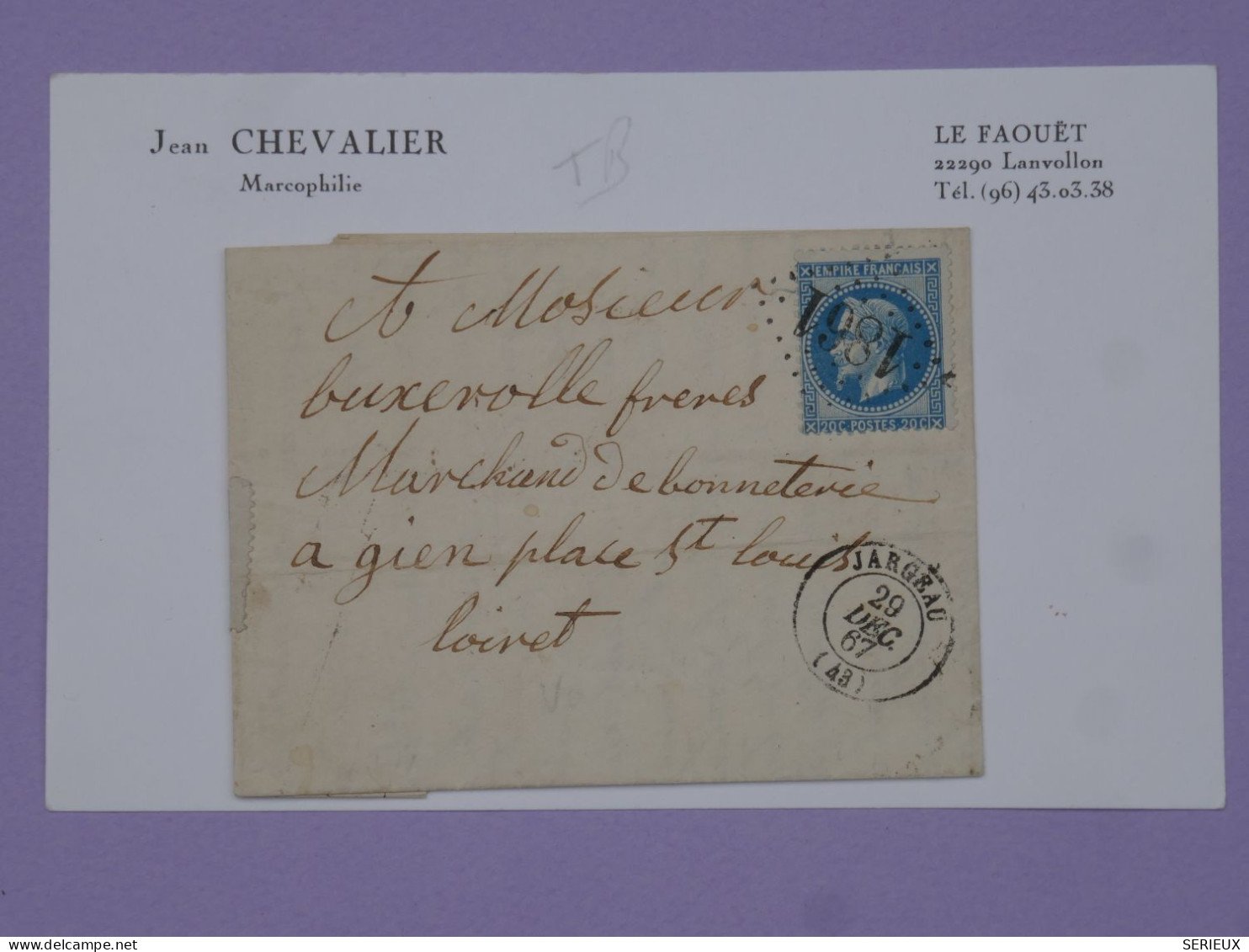 BU17  FRANCE  BELLE  LETTRE  RR 1867 PETIT BUREAU JARGEAU   A GIEN  +N°29+ AFF .PLAISANT++ - 1863-1870 Napoléon III Lauré