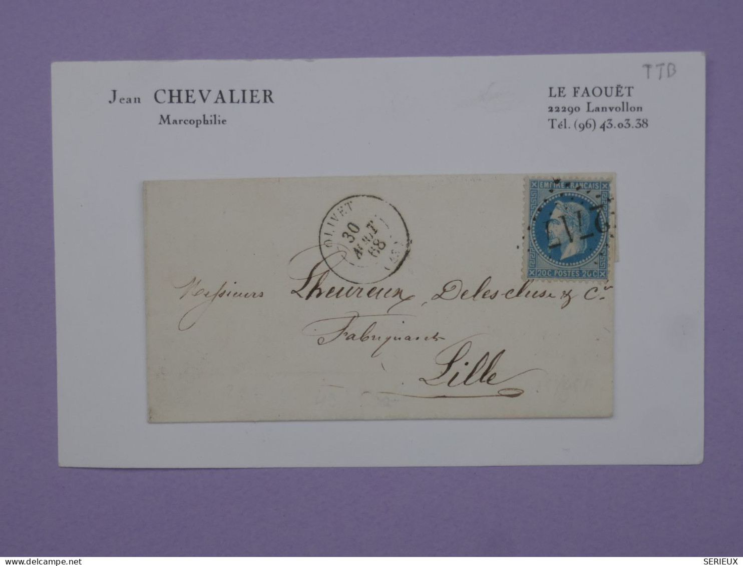 BU17  FRANCE  BELLE  LETTRE  RR 1868  OLIVET A LILLE  +N°29+ AFF .PLAISANT++ - 1863-1870 Napoléon III Lauré