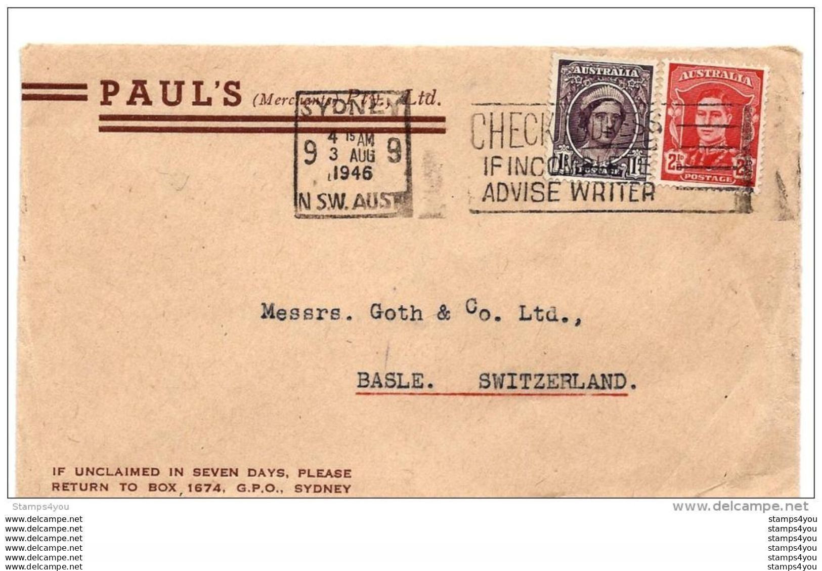 101 - 59 - Enveloppe Envoyée De Sydney En Suisse 1946 - Brieven En Documenten