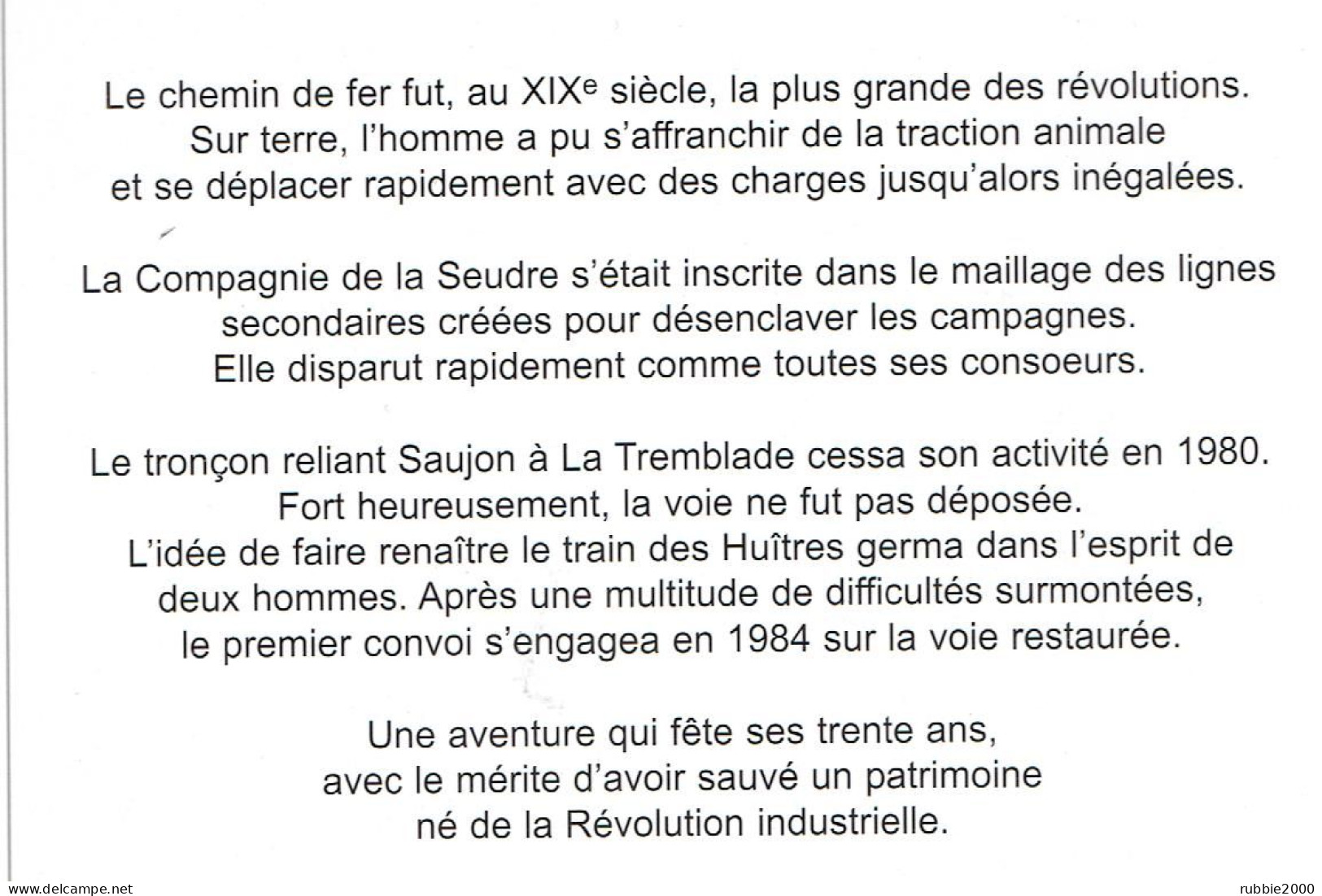 MEMOIRE DU POITOU CHARENTES RENAISSANCE DE LA VAPEUR DU TRAIN DES HUITRES AU TRAIN DES MOUETTES CHEMIN DE FER - Poitou-Charentes