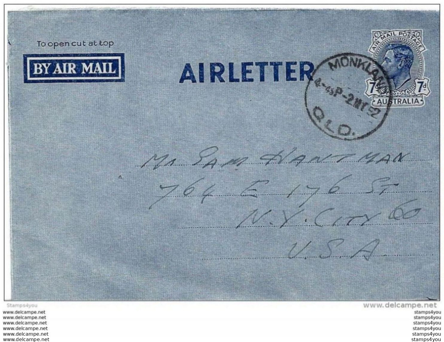 101 - 93 - Aérogramme Envoyé De Monkland Aux USA 1952 - Aerograms