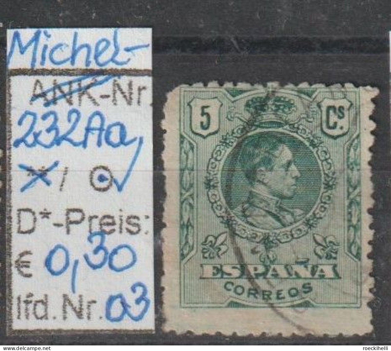 1909 - SPANIEN - FM/DM "König Alfons XIII Im Medaillon" 5 C Dkl'grün - O Gestempelt - S.Scan (232Aao 01-04 Esp) - Usados