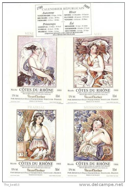 Série De 12 étiquettes De Vin Côtes Du Rhône  -  Bicentenaire " Calendrier Républicain" Thème Femme - Bicentenario Della Rivoluzione Francese