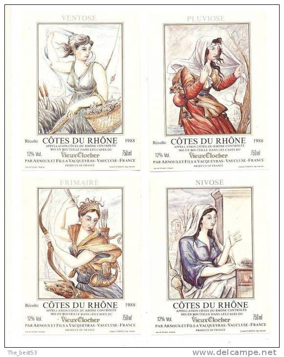 Série De 12 étiquettes De Vin Côtes Du Rhône  -  Bicentenaire " Calendrier Républicain" Thème Femme - Bicentenario Della Rivoluzione Francese