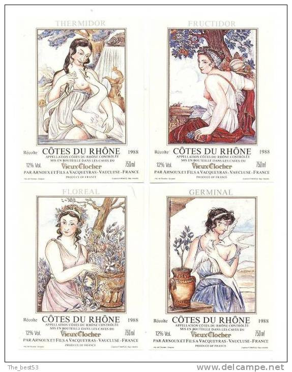 Série De 12 étiquettes De Vin Côtes Du Rhône  -  Bicentenaire " Calendrier Républicain" Thème Femme - Bicentenaire De La Révolution Française
