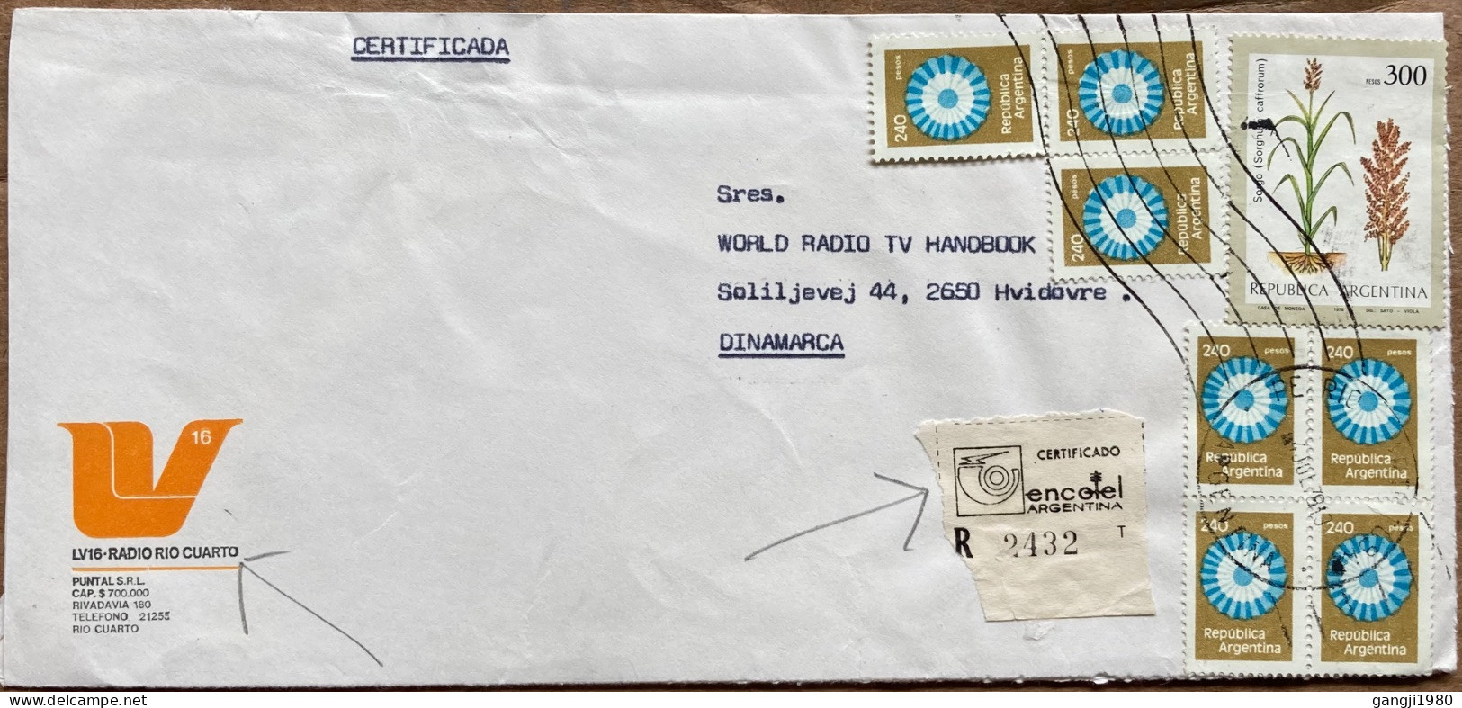 ARGENTINA-1979, COVER USED TO WORLD RADIO DENMARK, 8 STAMP GEOMATRY, ART, FLOWER PLANT, ADVERTISEMENT, RADIO RIO CUARTO. - Cartas & Documentos