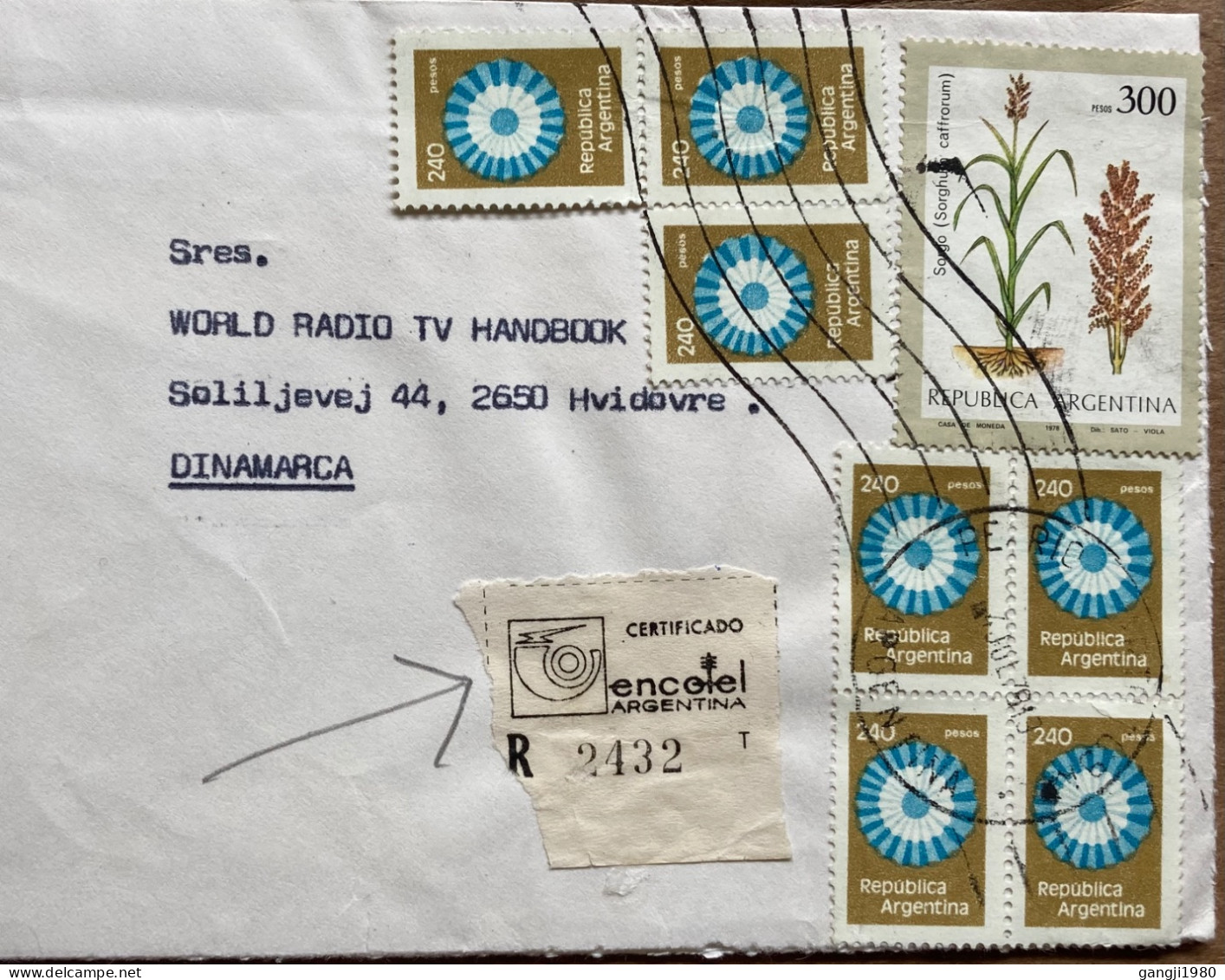 ARGENTINA-1979, COVER USED TO WORLD RADIO DENMARK, 8 STAMP GEOMATRY, ART, FLOWER PLANT, ADVERTISEMENT, RADIO RIO CUARTO. - Covers & Documents