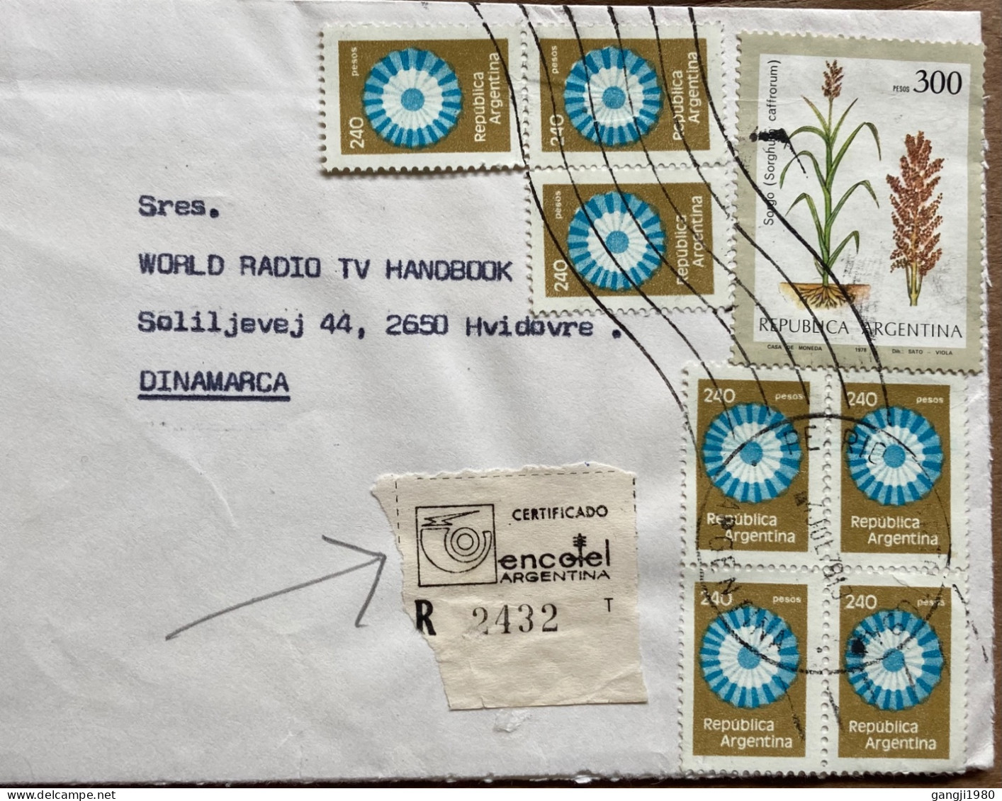 ARGENTINA-1979, COVER USED TO WORLD RADIO DENMARK, 8 STAMP GEOMATRY, ART, FLOWER PLANT, ADVERTISEMENT, RADIO RIO CUARTO. - Cartas & Documentos