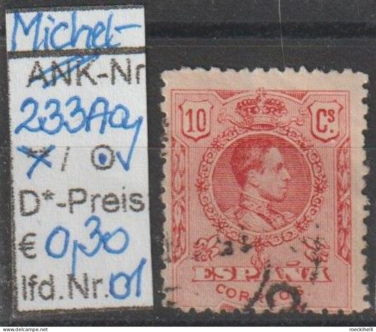 1910 - SPANIEN - FM/DM "König Alfons XIII Im Medaillon" 10 C Rot - O Gestempelt - S.Scan (233Aao 01-04 Esp) - Usados