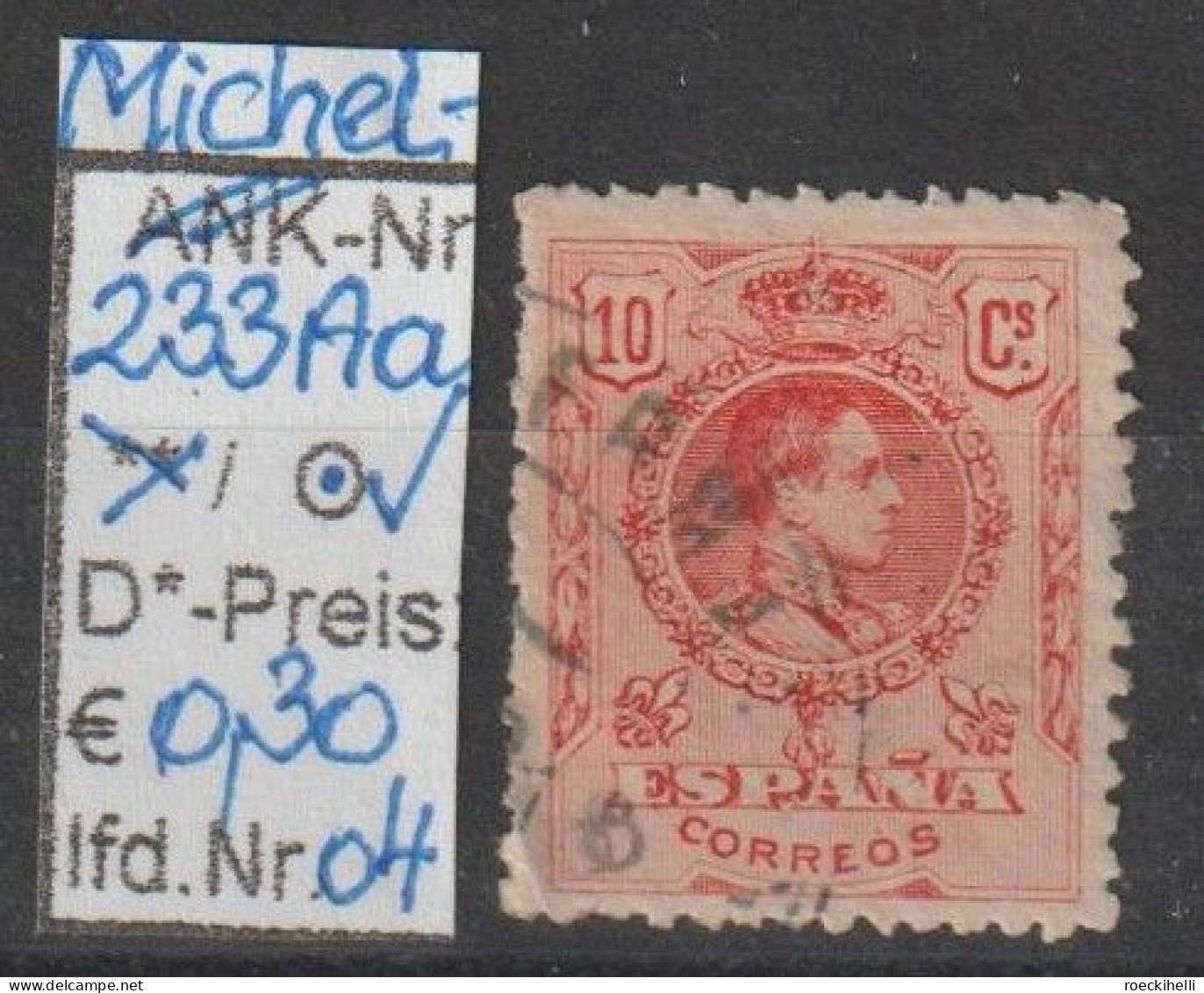 1910 - SPANIEN - FM/DM "König Alfons XIII im Medaillon" 10 C rot - o gestempelt - s.Scan (233Aao 01-04 esp)