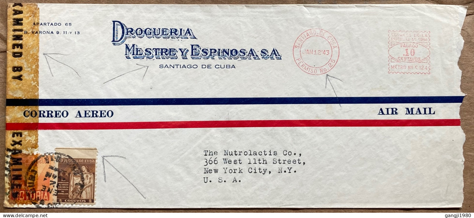 CUBA 1943, CENSOR COVER, USED TO USA, ERROR WITHOUT PERFORATION, ANTI TB, METER MACHINE PERMISO NO-25, MEDICAL & HEALTH, - Lettres & Documents