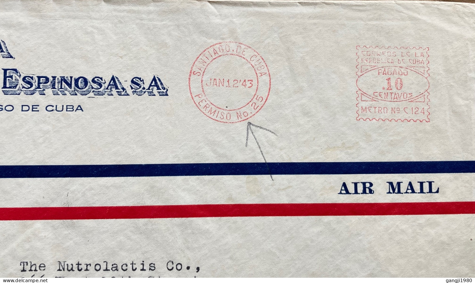 CUBA 1943, CENSOR COVER, USED TO USA, ERROR WITHOUT PERFORATION, ANTI TB, METER MACHINE PERMISO NO-25, MEDICAL & HEALTH, - Cartas & Documentos