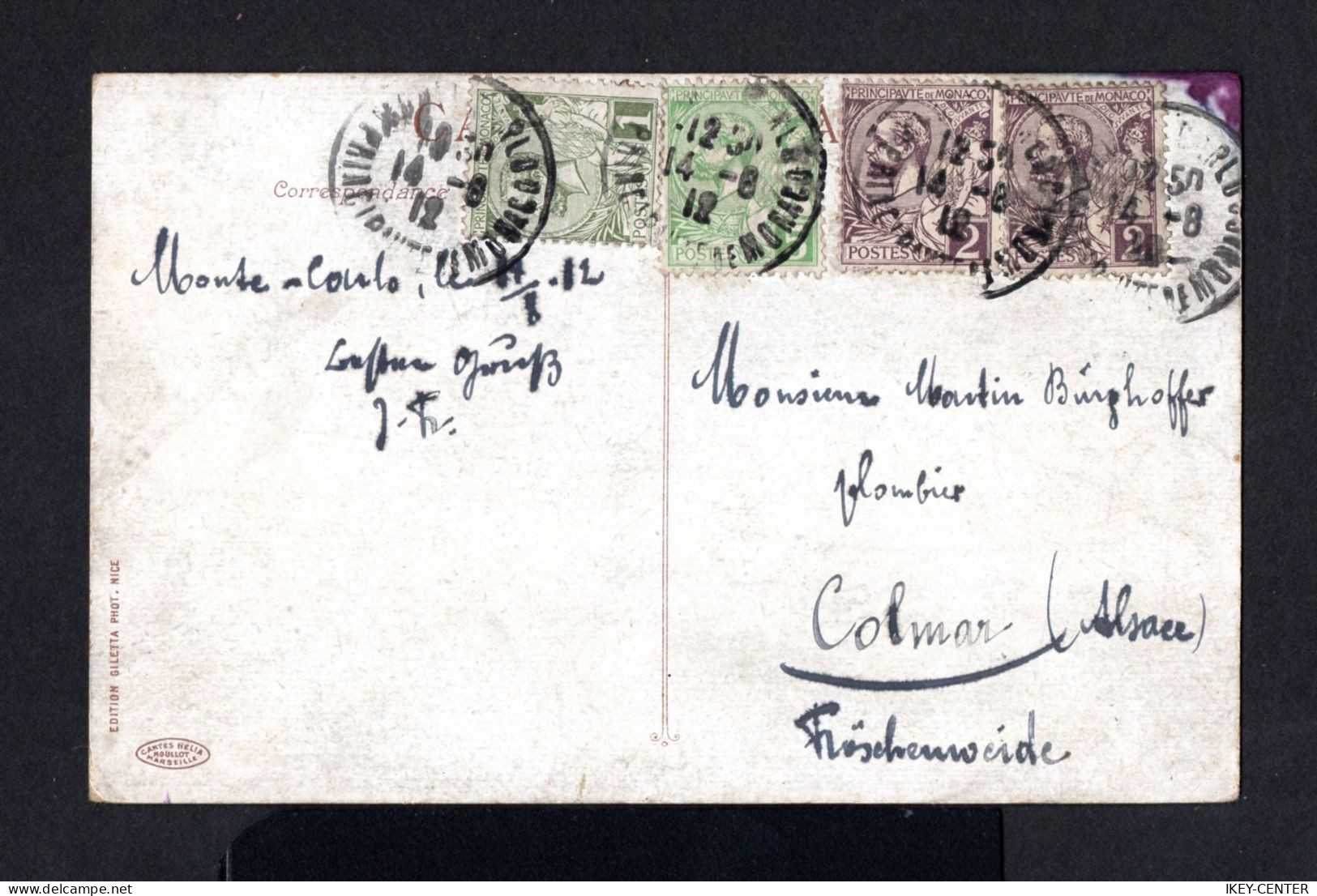 S4095-MONACO-OLD POSTCARD MONTECARLO To COLMAR (france).1912.WWI.TARJETA POSTAL.Carte Postale.POSTKARTE - Brieven En Documenten