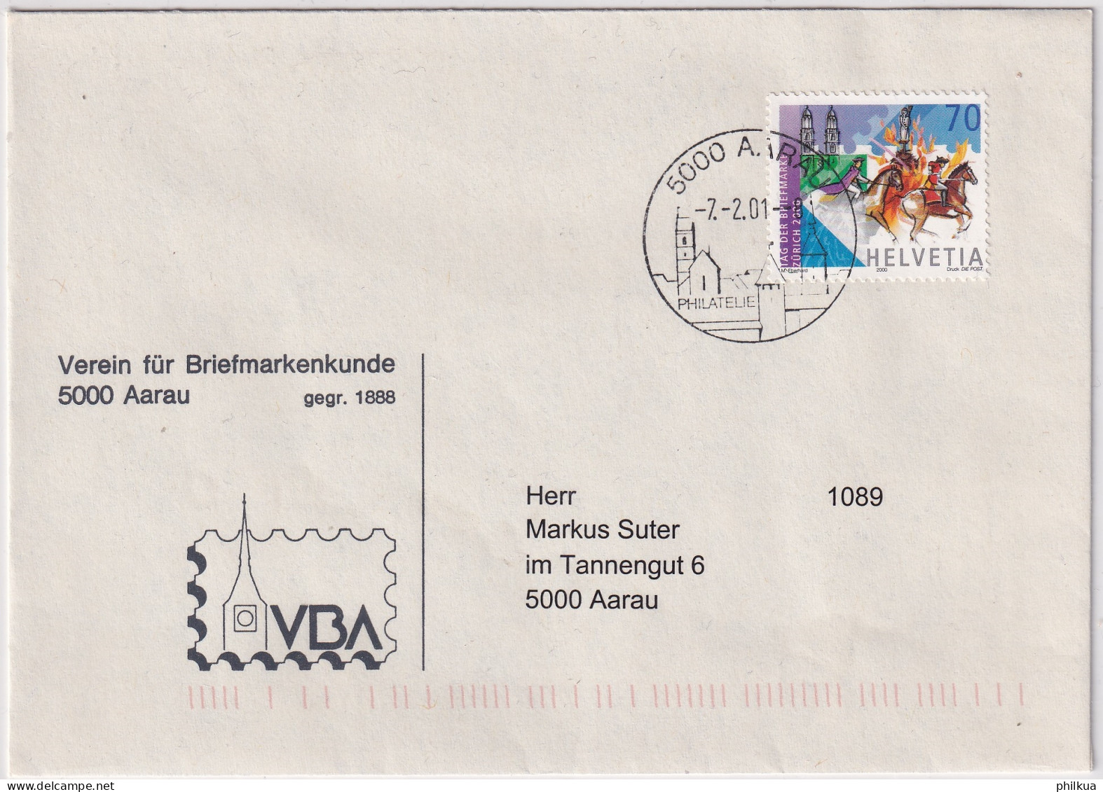 MiNr. 1738 Schweiz 2000, 21. Nov. Tag Der Briefmarke - Auf Brief Mit Orts-Werbestempel AARAU - Cartas & Documentos