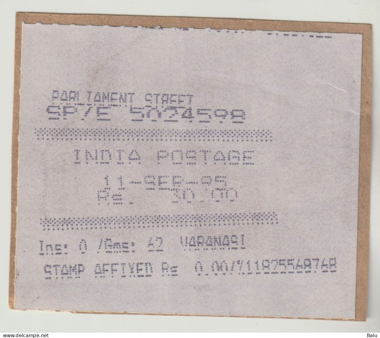 Indien India Postage Rs. 30.00 11-SEP-95 Parliament Street Varanasi "STAMP AFFIXED Rs" Auf Fragment - Usati