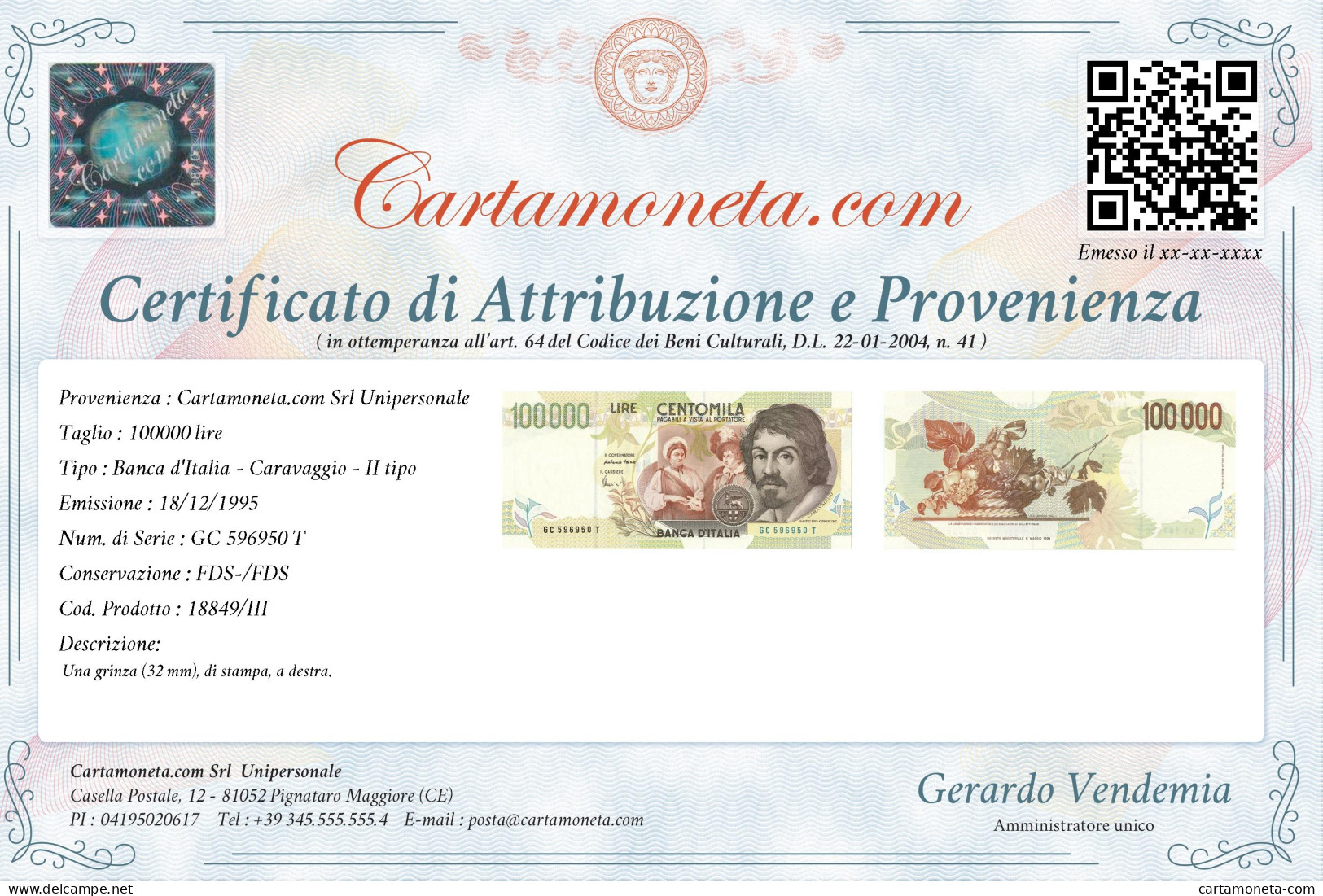 100000 LIRE BANCA D'ITALIA CARAVAGGIO II TIPO LETTERA C 18/12/1995 FDS-/FDS - Altri & Non Classificati