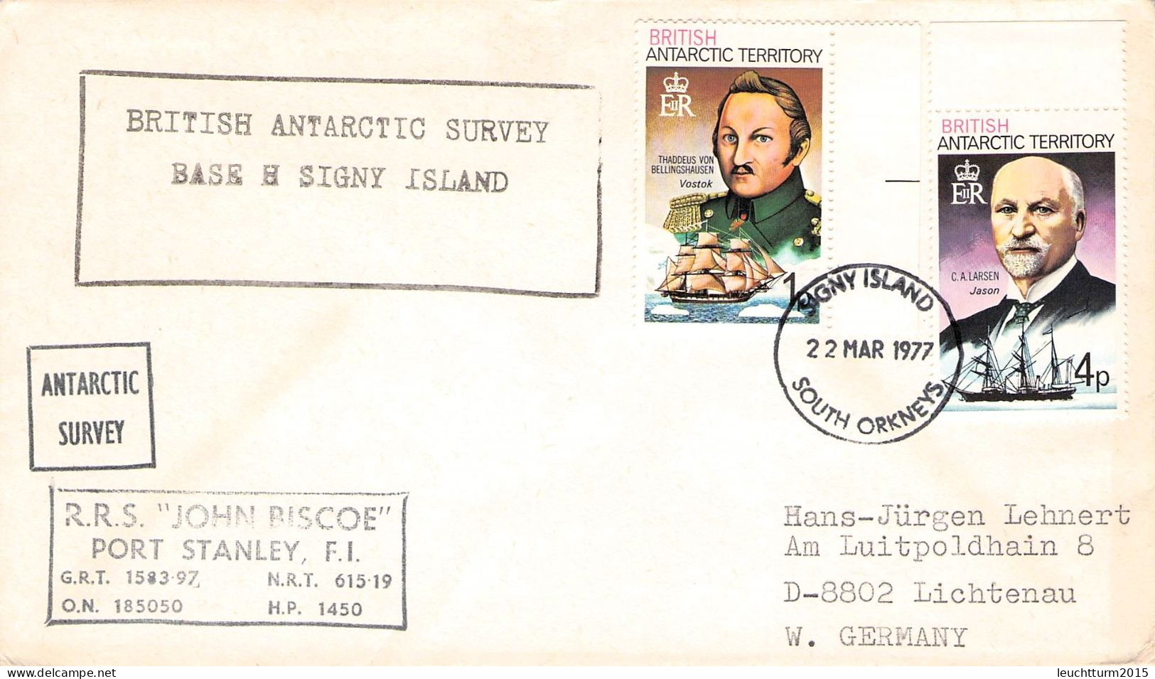 BRIT. ANTARCTIC T. - LETTER 1977 SIGNY ISLAND - GERMANY / ZG105 - Storia Postale