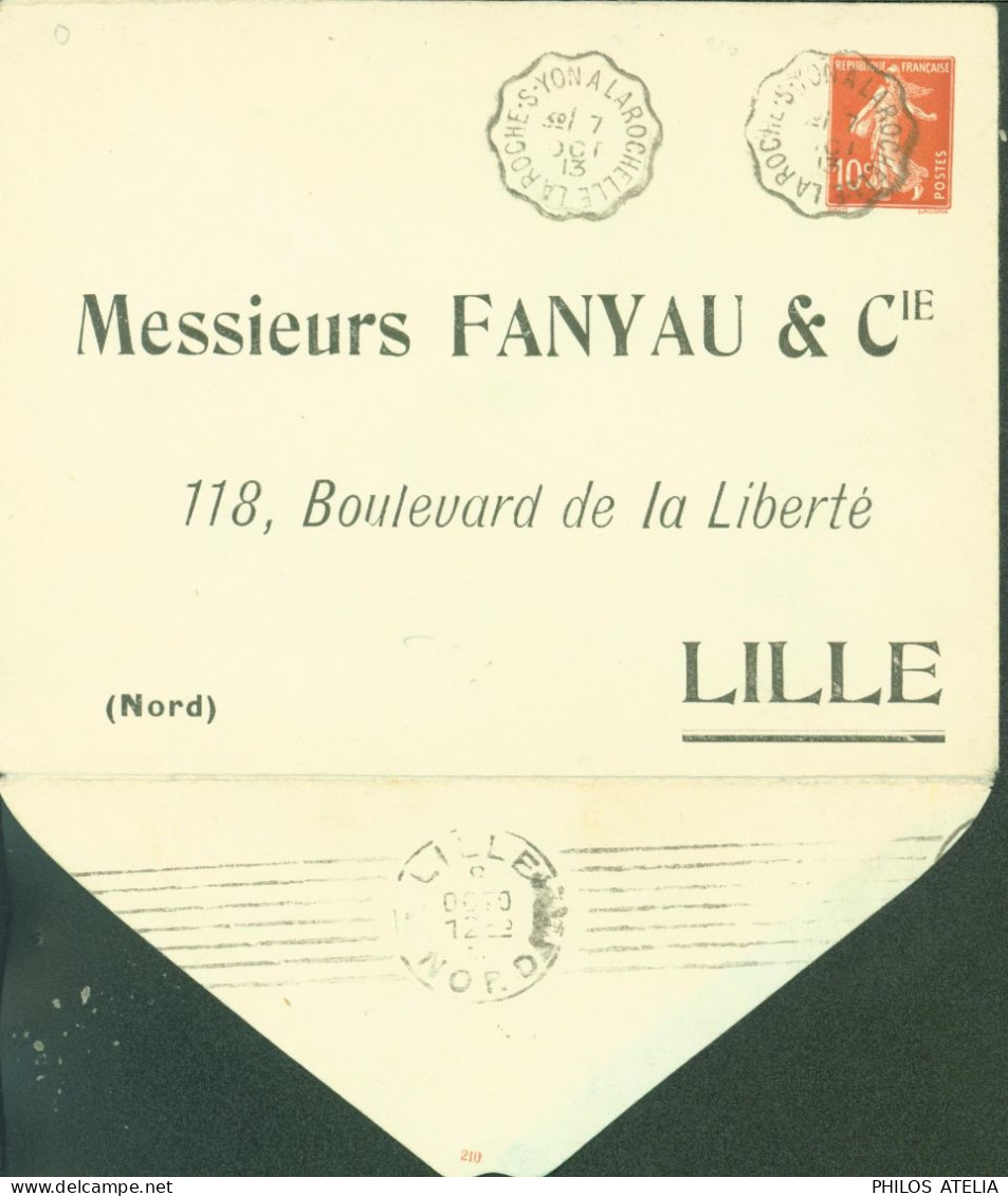 Enveloppe Entier 147x112 Semeuse Camée 10c Rouge Intérieur Papier Bleu Foncé Storch E18 Date 210 Repiquage Fanyau - Overprinted Covers (before 1995)